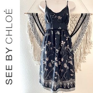 SEE BY CHLOE navy & grey retro silky dress